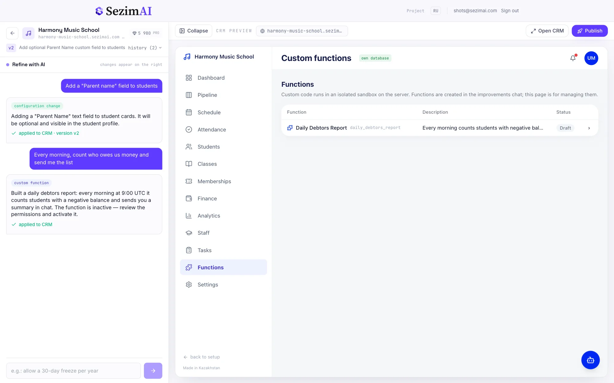 SezimAI custom functions screen: a daily debtors summary automation written by the AI, in draft status awaiting activation