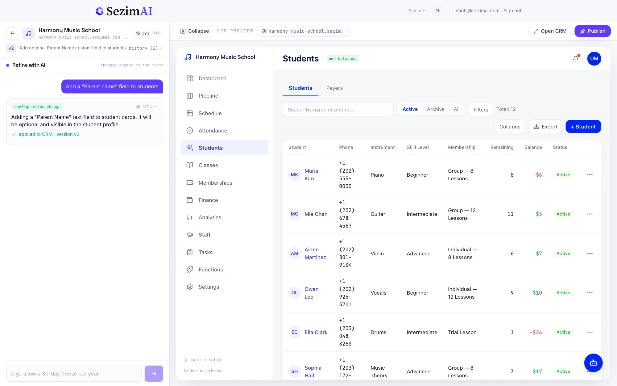 SezimAI workspace: on the left, a dialogue with the AI about a 'Parent name' field; on the right, the students table where the column has already appeared