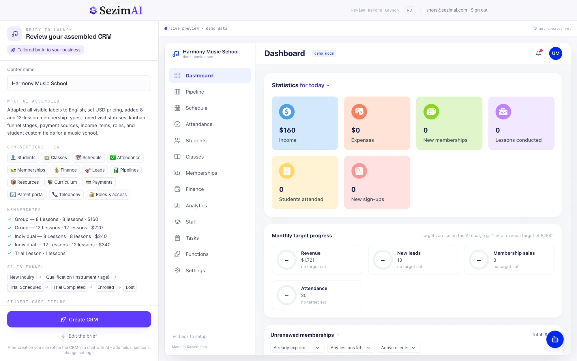 SezimAI screen: on the left, a summary of what the AI assembled from a music school brief; on the right, a live preview of the finished CRM with a dashboard