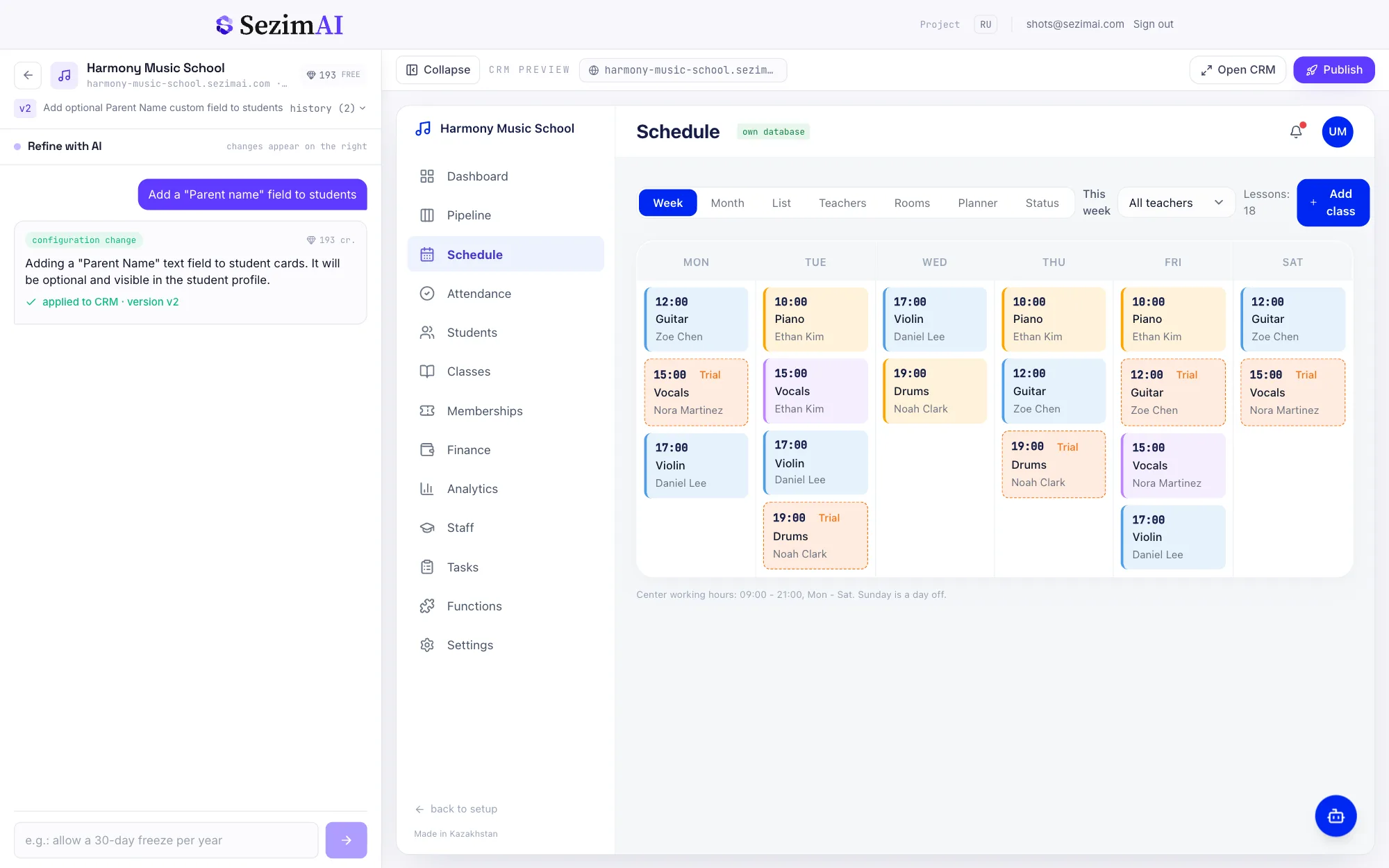 SezimAI weekly schedule: color-coded lessons by teacher and room, trial lessons highlighted